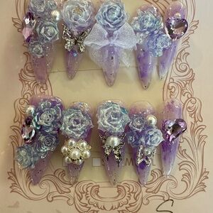 Purple and Silver Floral Nail Art Set